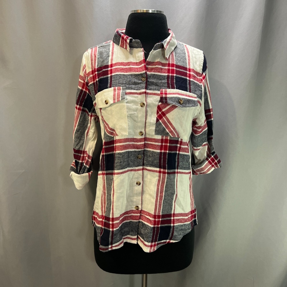 Passport Flannel Shirt Womens Medium Multicolor Plaid Cotton Roll Tab Sleeve